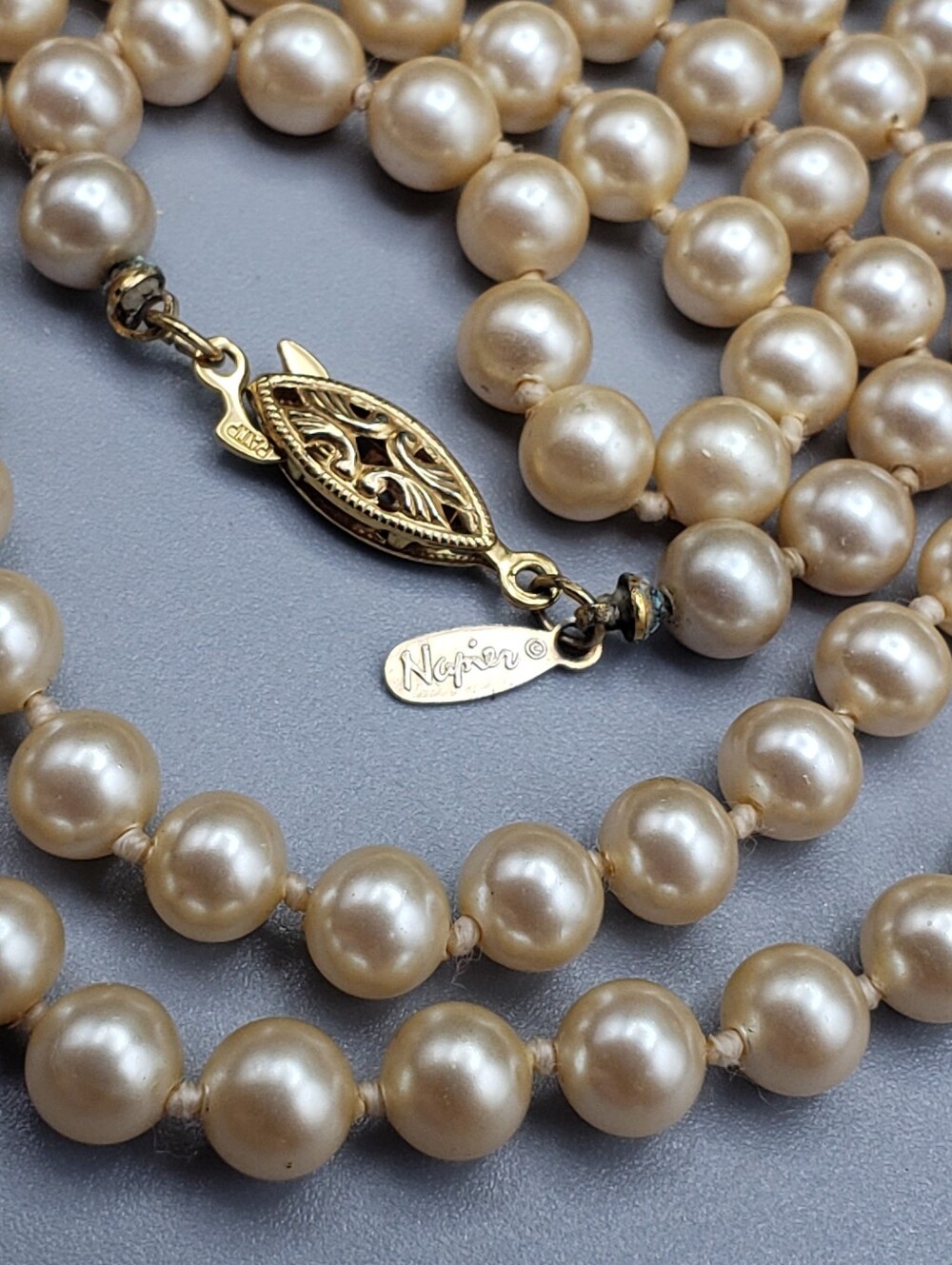 Napier Champagne Pearl Necklace with Gold-Tone Filigree Clasp - Vintage Classic
